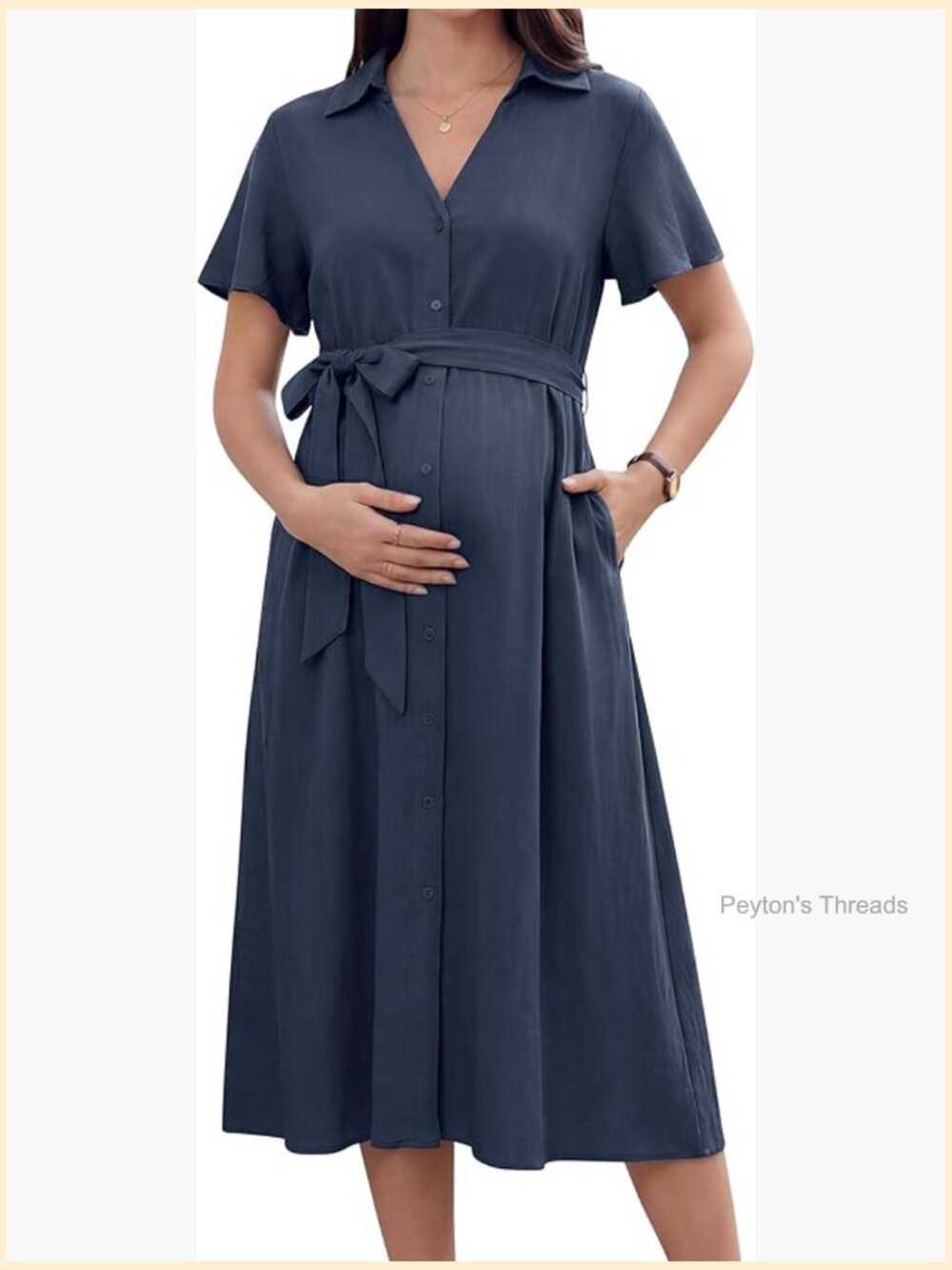 Midi Dress with Pockets Nursing Buttons Tie Waist Casual Summer